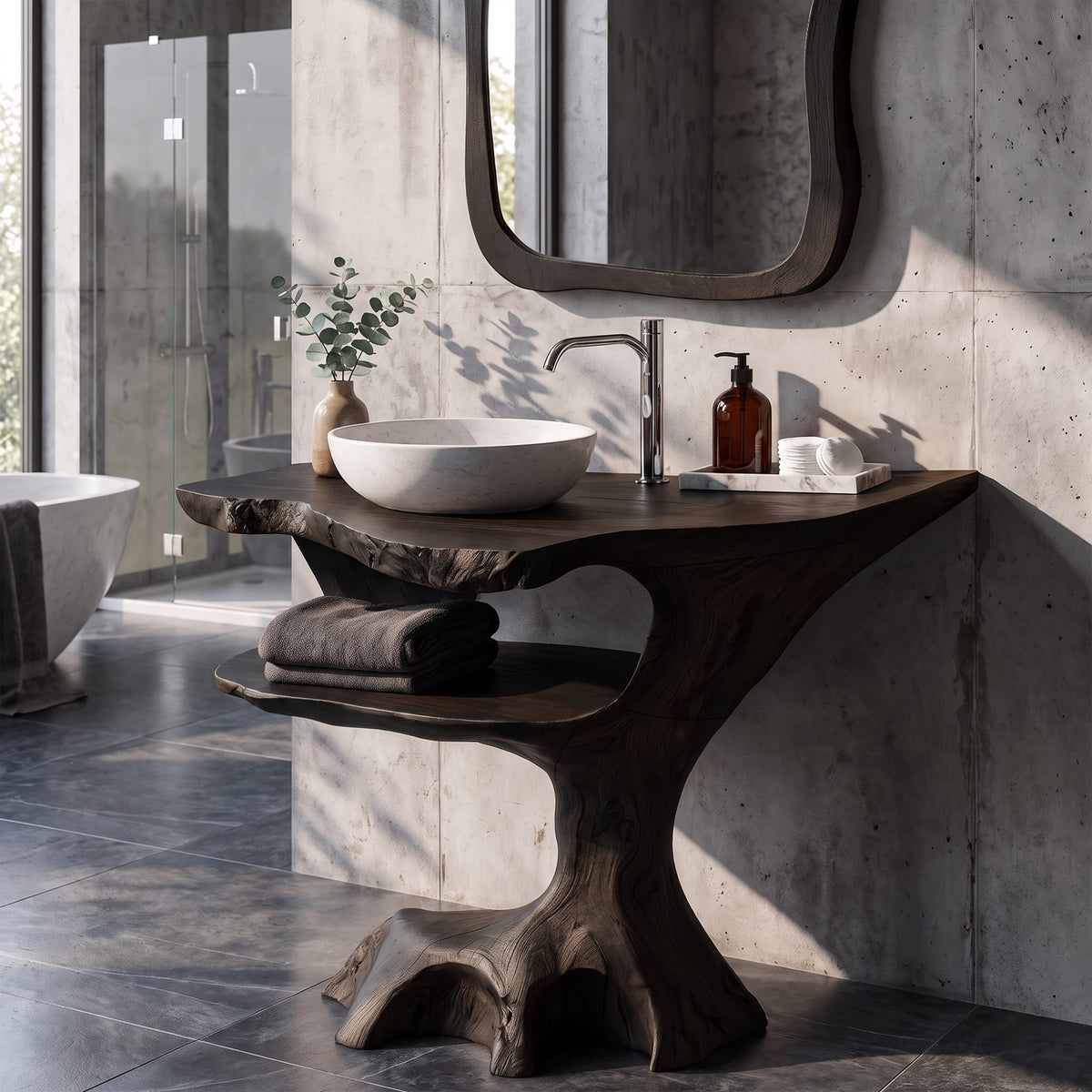 Contemporary Single Bathroom Vanity with Sculptural Branch Support, solid wood, built to order