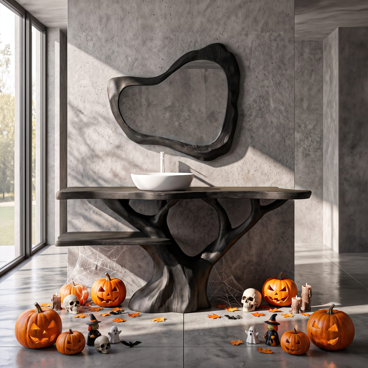 Mid Century Solid Bathroom Vanity with Sculptural Tree Form, solid wood, built to order
