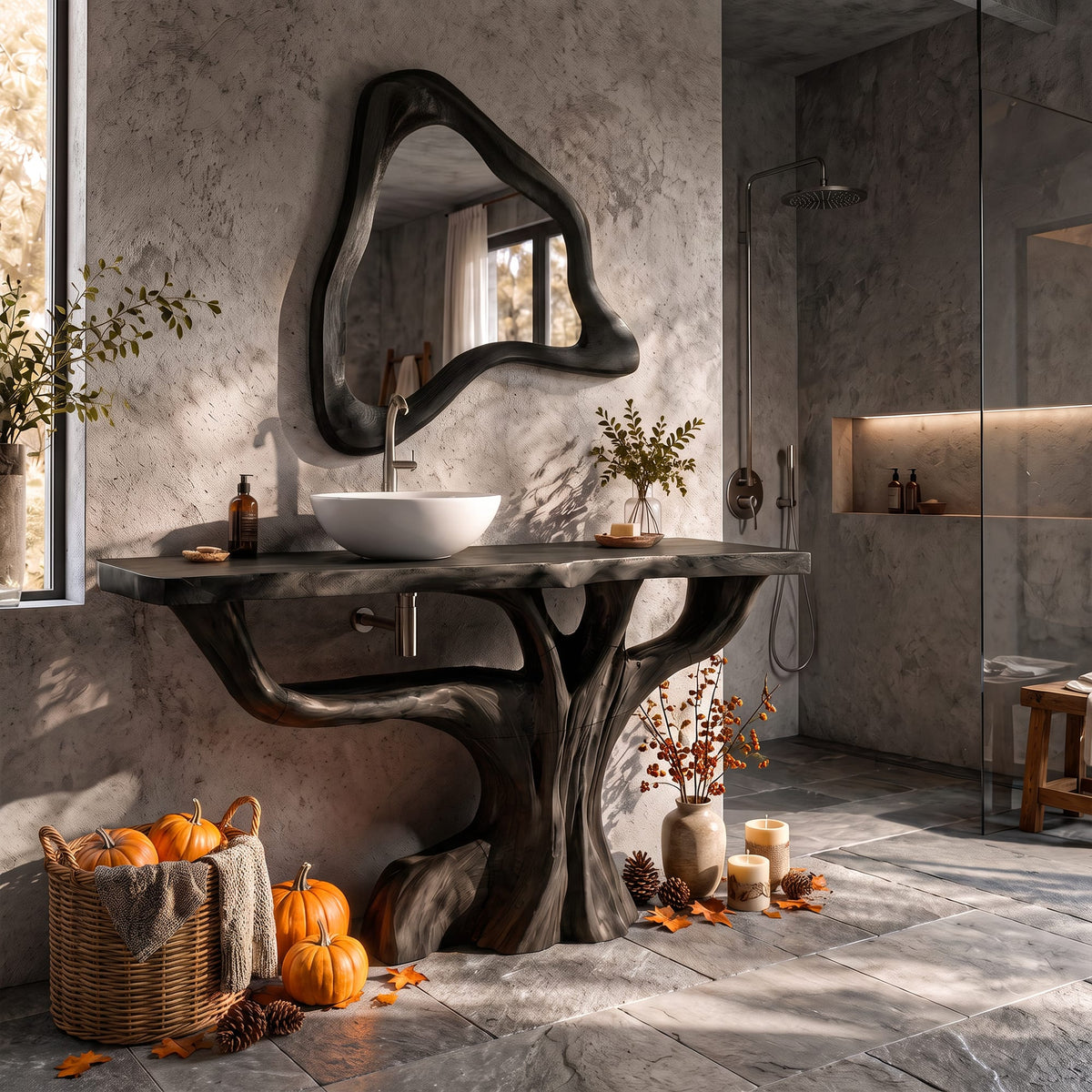 Contemporary Single Bathroom Vanity with Branch Inspired Base, solid wood, built to order