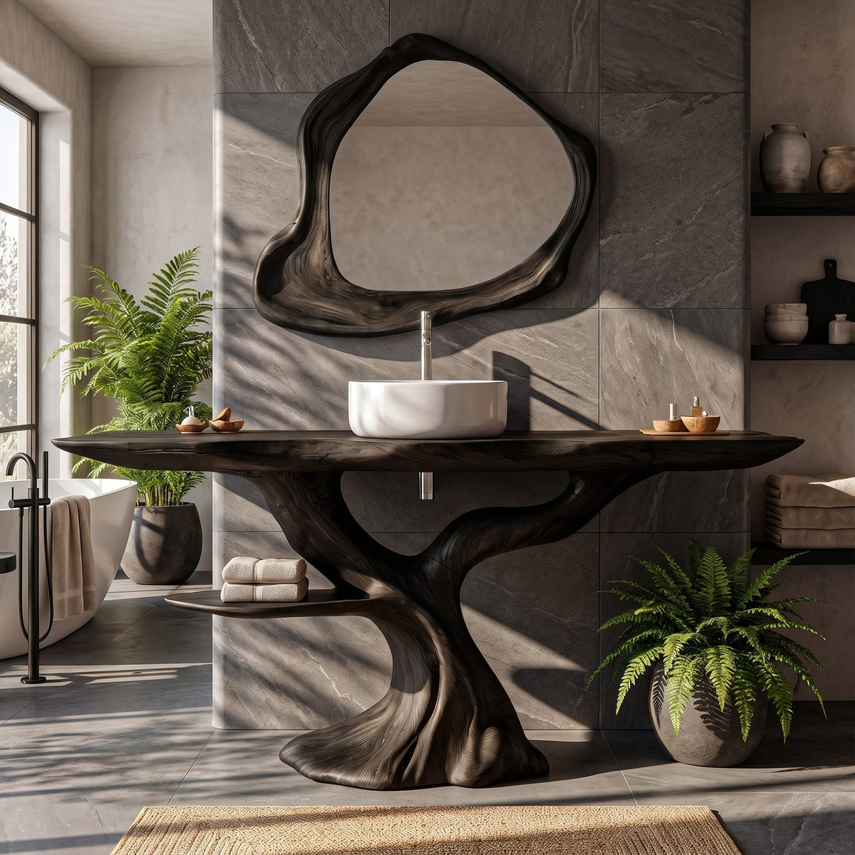 Rustic Bathroom Vanity with Bold Tree Root Design, solid wood, built to order