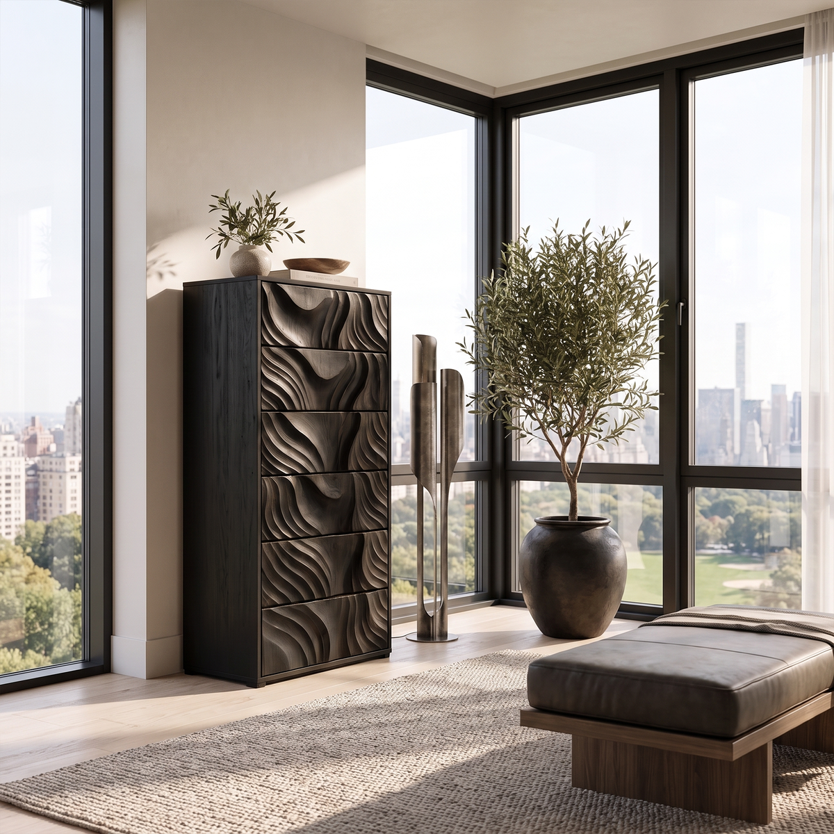 Organic Tall Dresser with Ripple Carved Drawer Fronts, solid wood, built to order, Black finish