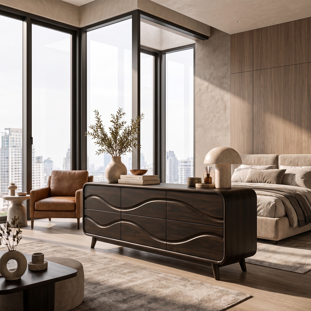 Contemporary Low Dresser with Embossed Grain Front and Curved Corners, solid wood, built to order, Black finish