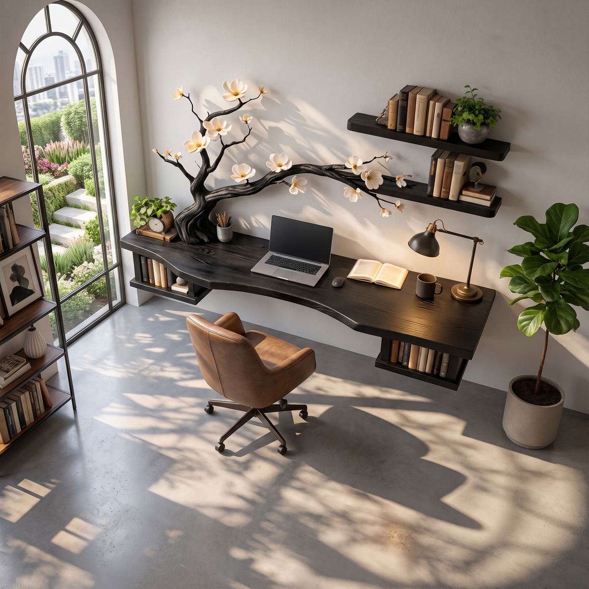 Organic Sculptural Floating Desk with Tree Branch Art, solid wood, built to order, Black finish