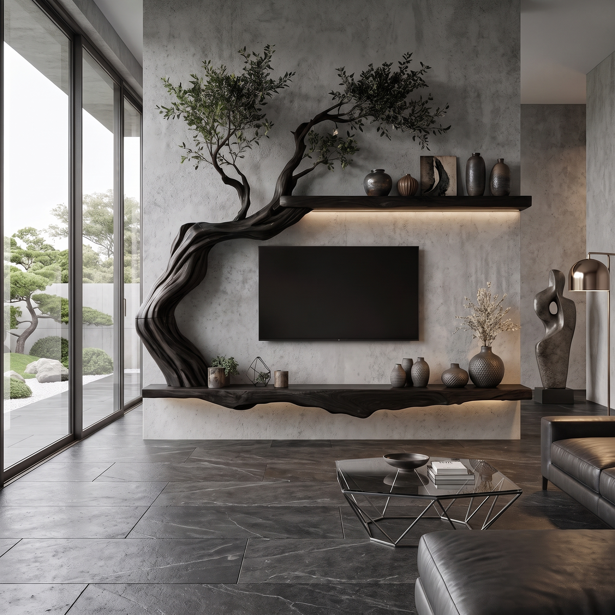 Organic Wall Mounted TV Stand with Sculptural Wood Design, solid wood, built to order, Black finish