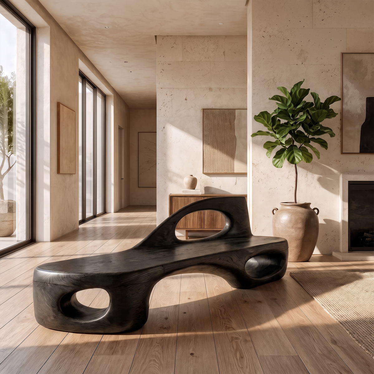 Minimalist Bench Organic Design, solid wood, built to order, Black finish