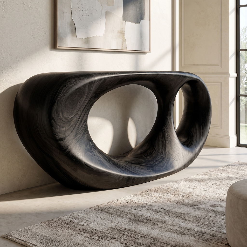 Console Table Organic Double Loop Design, solid wood, built to order, Black finish