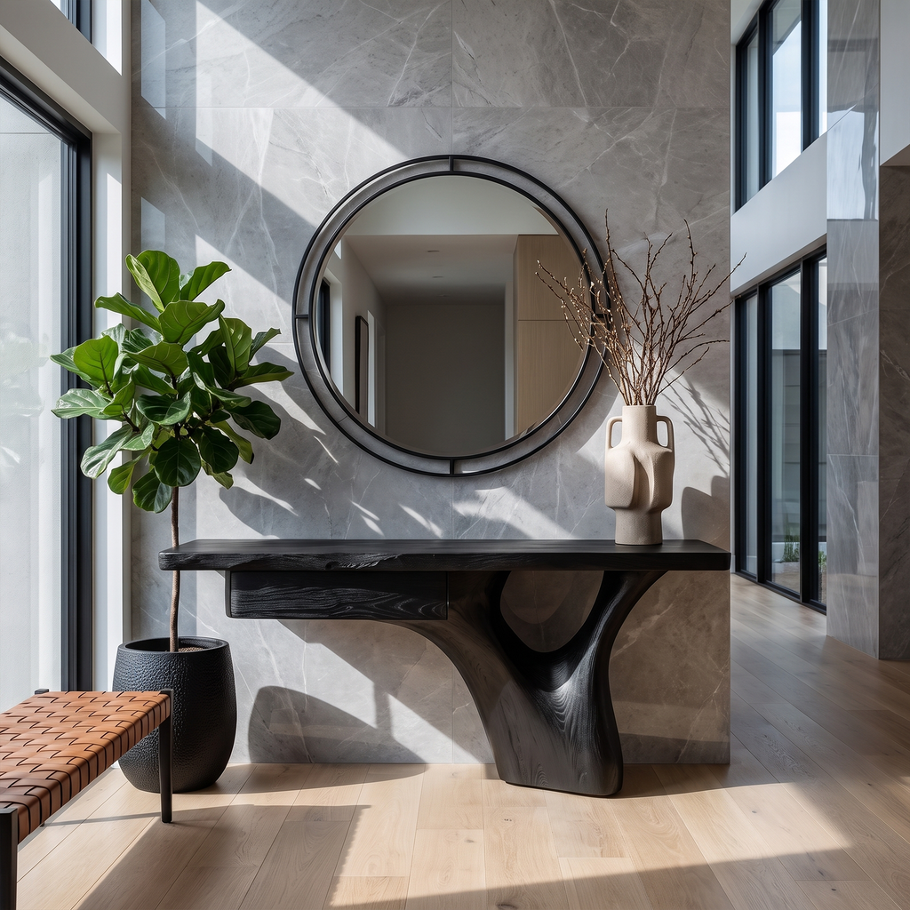 Organic Sculptural Console Table Tree Trunk Base Design, solid wood, built to order, Black finish