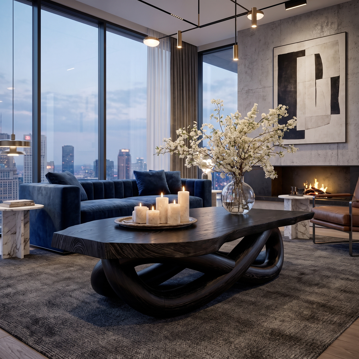 Modern Coffee Table with Twisted Sculptural Base, solid wood, built to order, Black finish