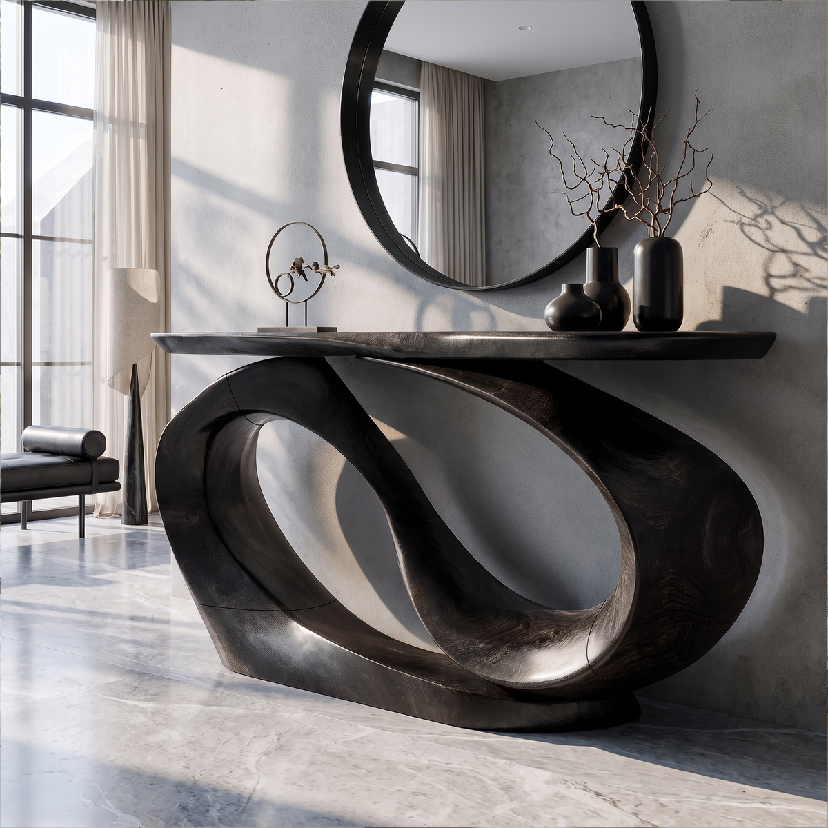 Organic Sculptural Console Table Hollow Oval Base Design, solid wood, built to order, Black finish