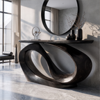 Organic Sculptural Console Table Hollow Oval Base Design, solid wood, built to order, Black finish