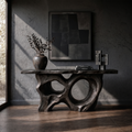 Modern Console Table with Sculptural Asymmetrical Base, solid wood, built to order, Black finish
