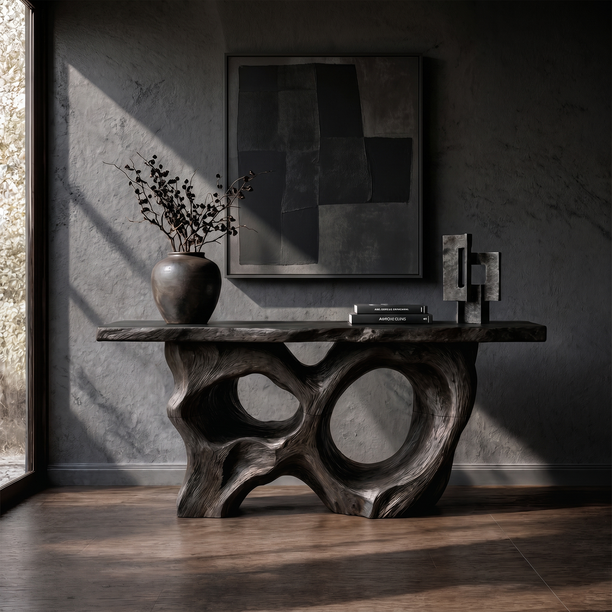 Modern Console Table with Sculptural Asymmetrical Base, solid wood, built to order, Black finish