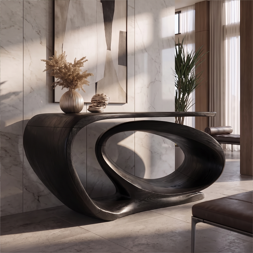 Console Table Sculptural Open Loop Base, solid wood, built to order, Black finish