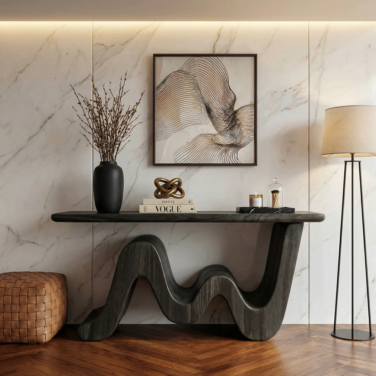 Wave Console Table Solid Soft Curved Shape Living Room and Entryway, solid wood, built to order, Black finish