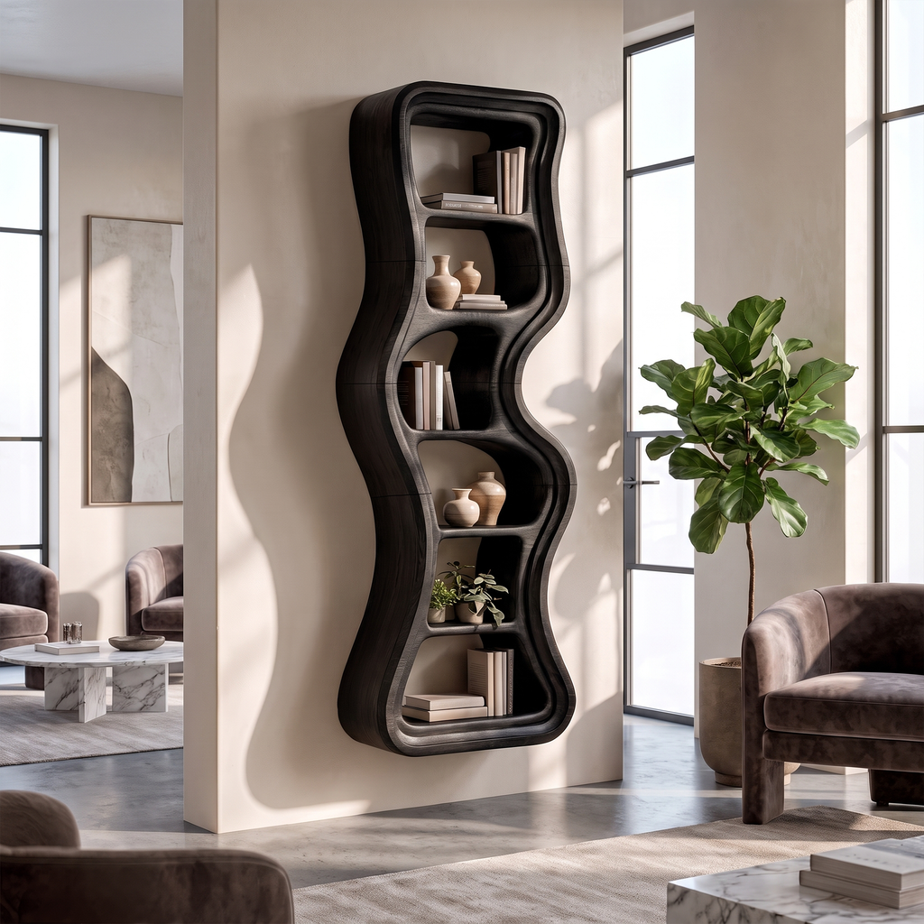 Modern Bookshelf Sculptural Design, solid wood, built to order, Black finish