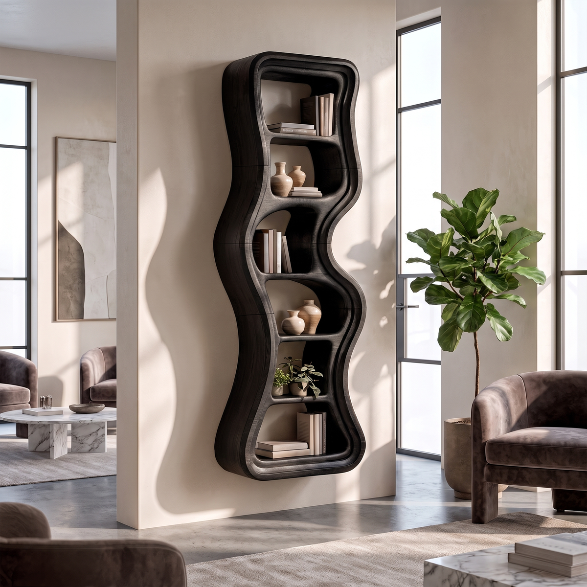 Modern Bookshelf Sculptural Design, solid wood, built to order, Black finish