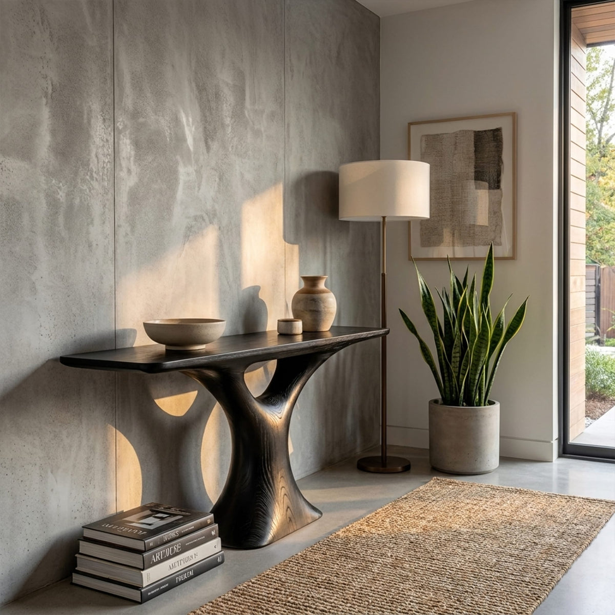 Mid Century Entry Table Smooth Sculptural Form Welcome Area, solid wood, built to order
