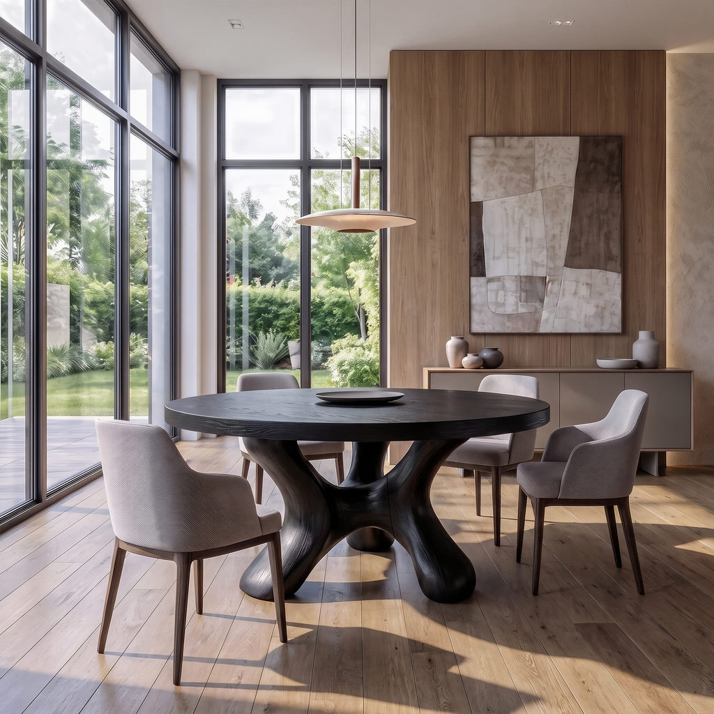 Contemporary Round Dining Table with Flowing Crossed Design, solid wood, built to order