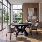Contemporary Round Dining Table with Flowing Crossed Design, solid wood, built to order