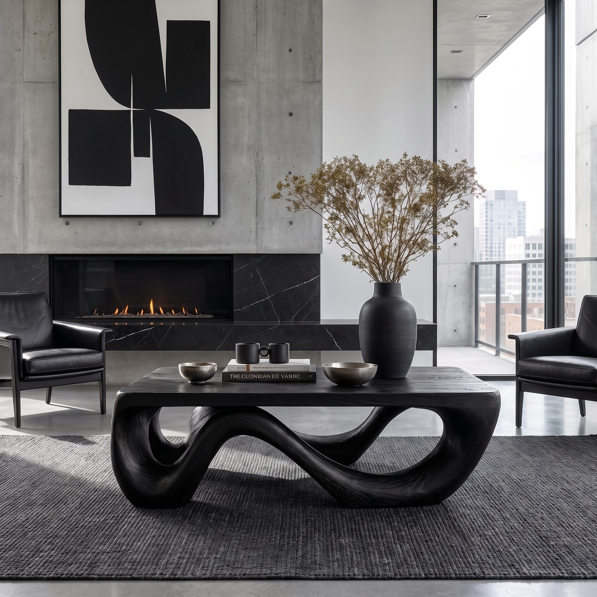 Farmhouse Coffee Table with Sculptural Open Base, solid wood, built to order, Black finish