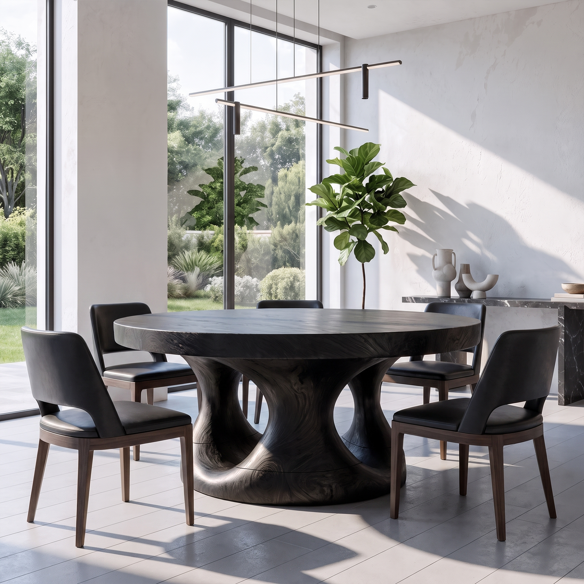 Organic Round Dining Table with Sculptural Tree Root Design, solid wood, built to order, Black finish