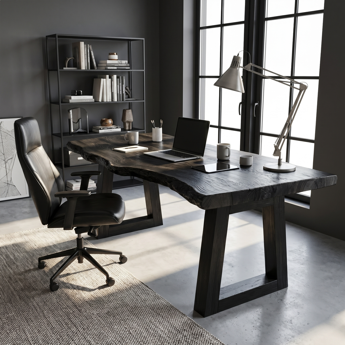 Modern Desk with Live Edge Top and Steel Base, solid wood, built to order, Black finish