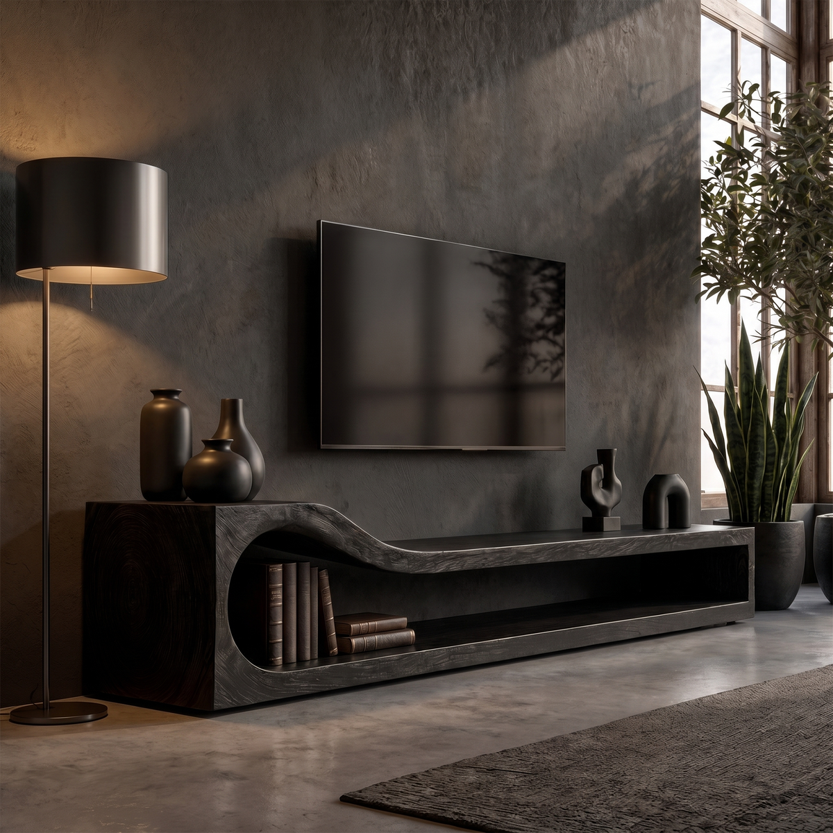 Organic TV Cabinet with Sculptural Wave Wood Base and Media Console, solid wood, built to order, Black finish