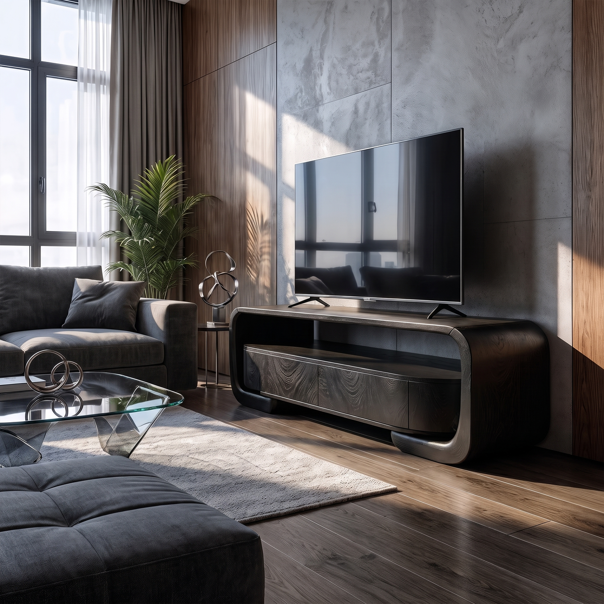 Organic Entertainment Center with Sculptural Live Edge Design, solid wood, built to order, Black finish