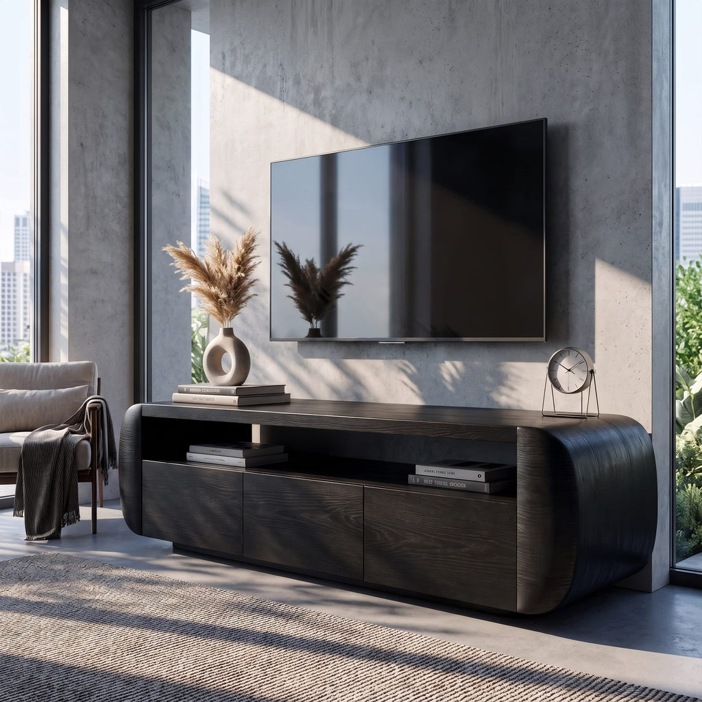 Contemporary TV Cabinet with Sculptural Form, solid wood, built to order