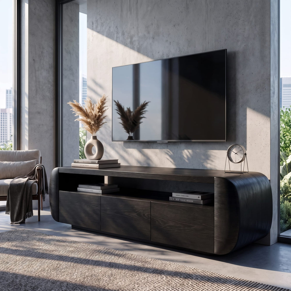 Contemporary TV Cabinet with Sculptural Form, solid wood, built to order