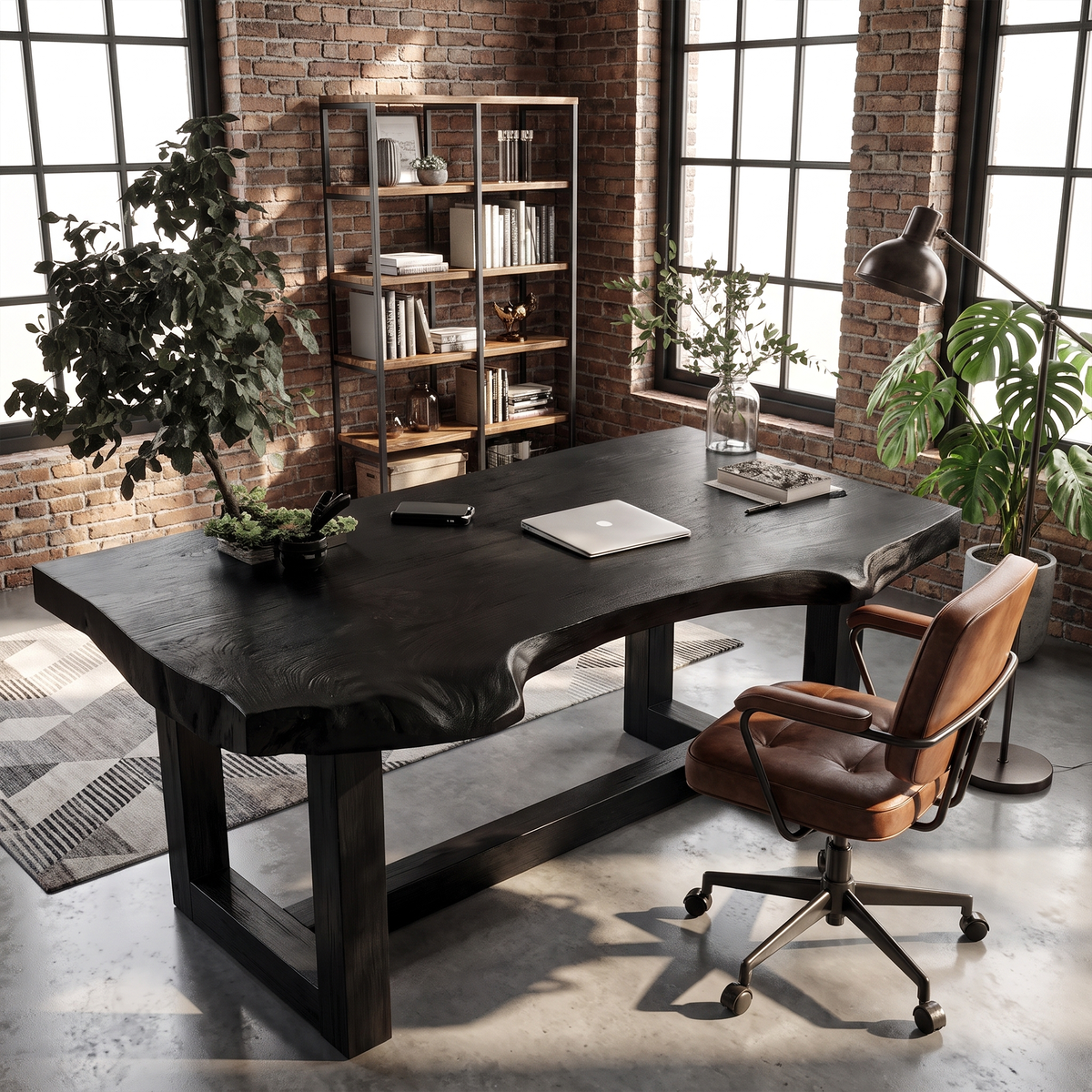 Minimal Desk with Live Edge Wooden Top, solid wood, built to order, Black finish