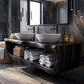 Organic Sculptural Bathroom Vanity Wall Mounted Towel Storage, solid wood, built to order, Black finish