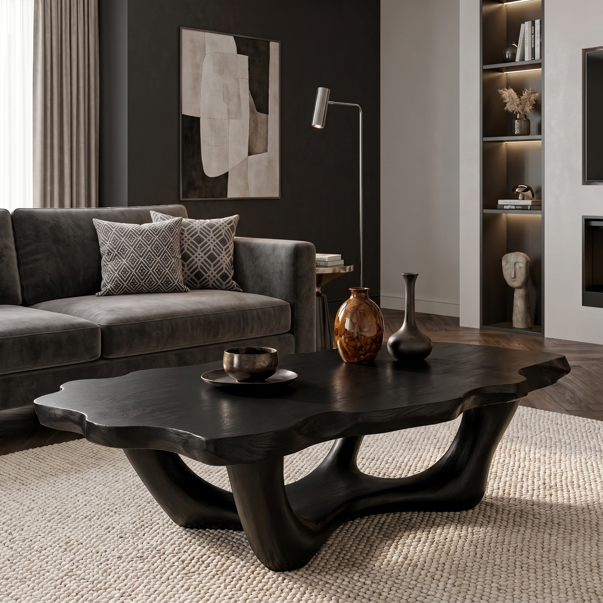 Live Edge Coffee Table Sculptural Design, solid wood, built to order, Black finish