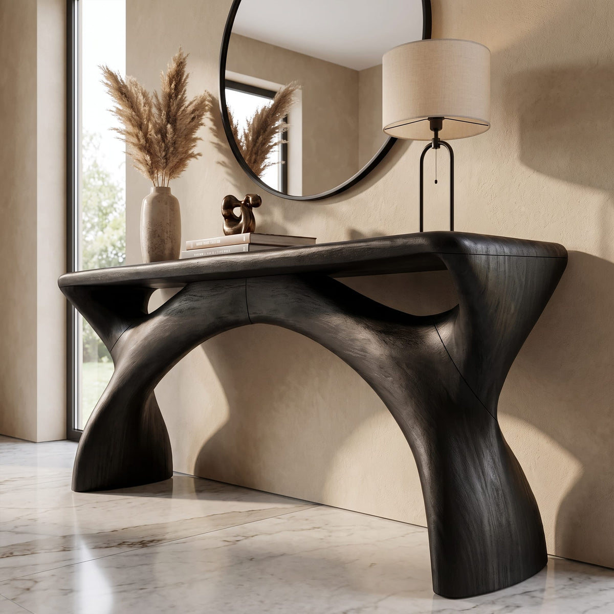 Mid Century Console Table with Flowing Curved Frame, solid wood, built to order