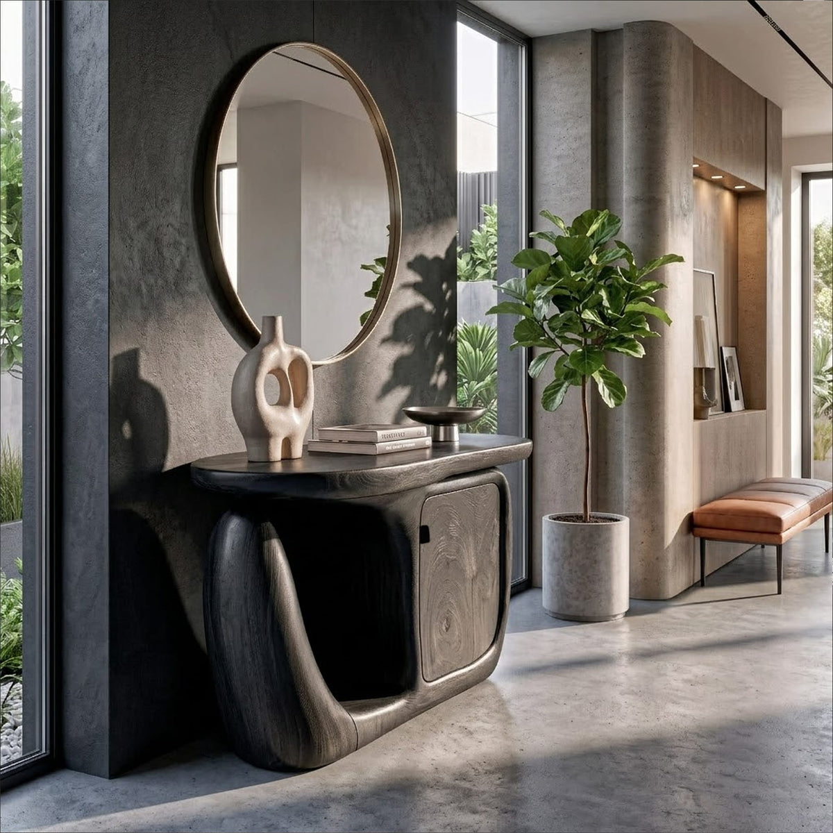 Contemporary Console Table with Sculptural Base and Storage, solid wood, built to order