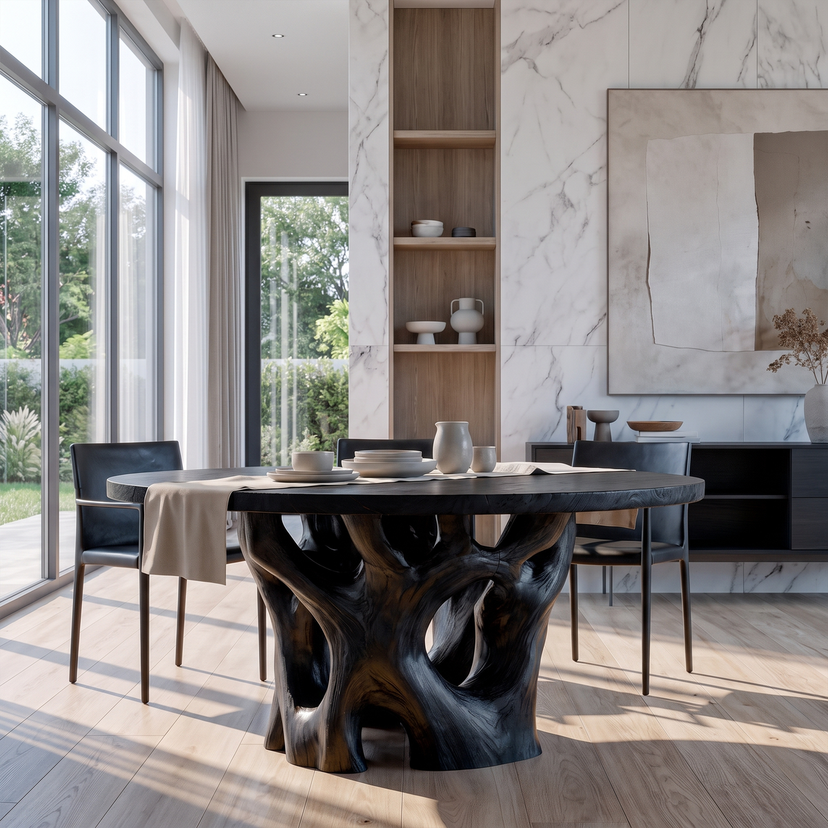 Organic Round Dining Table with Nature Inspired Cutout Form, solid wood, built to order, Black finish