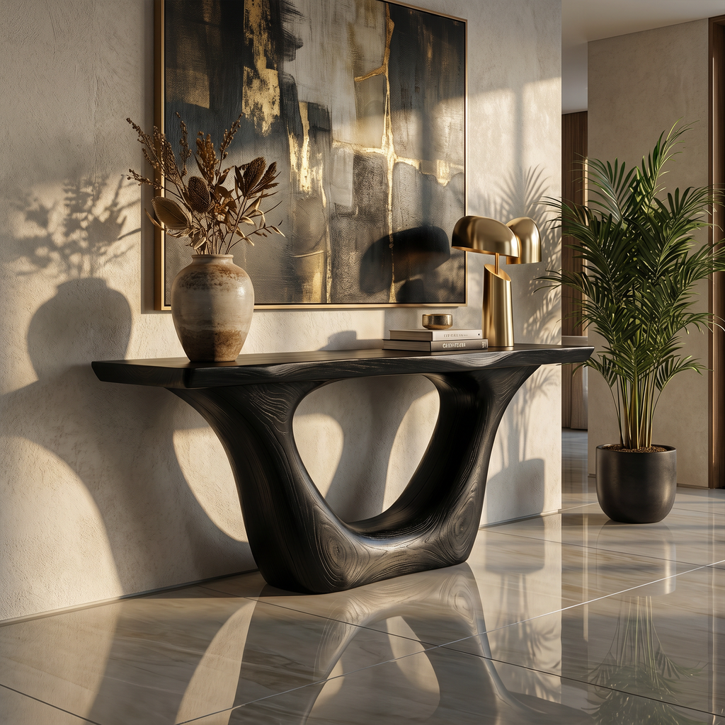 Contemporary Organic Sculptural Console Table, solid wood, built to order, Black finish