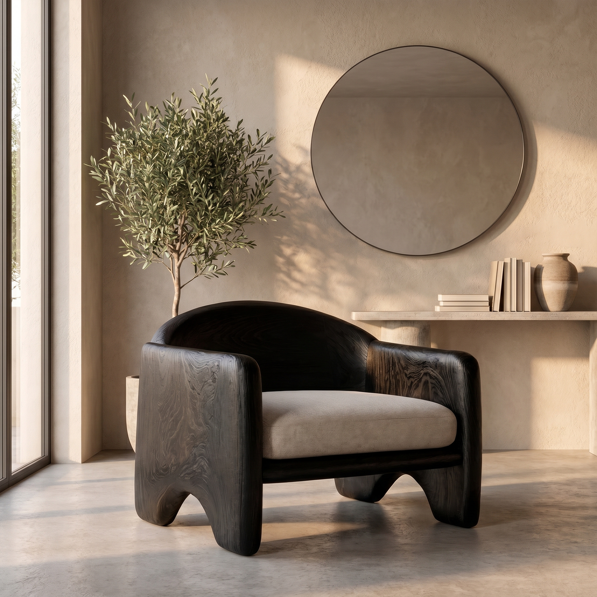 Rustic Armchair Sculptural Design, solid wood, built to order, Black finish