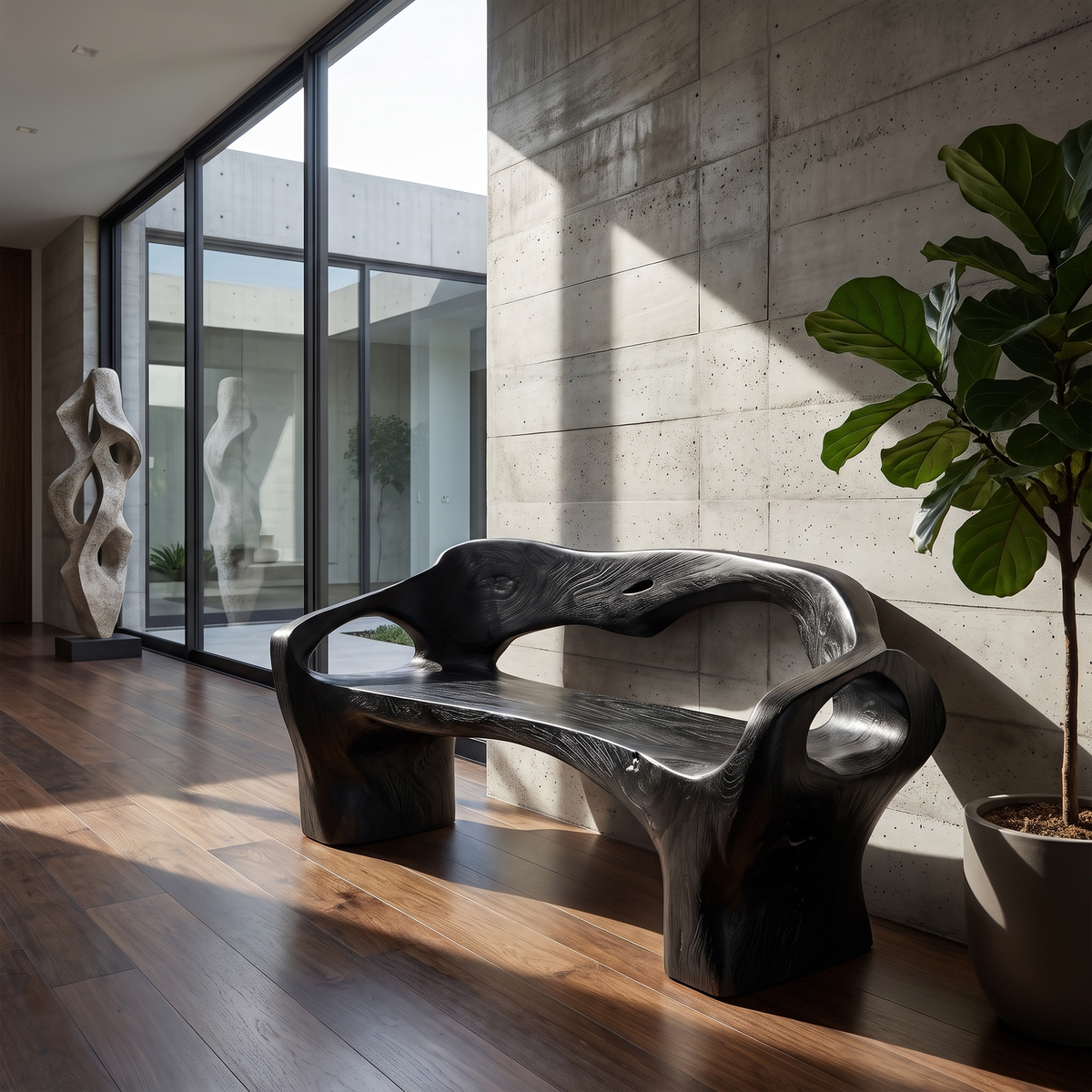 Organic Modern Bench Sculptural Design, solid wood, built to order