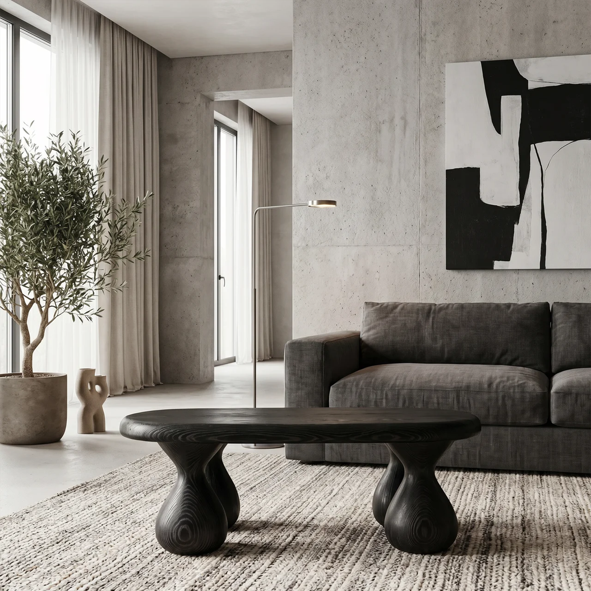Rustic Coffee Table with Sculptural Design, solid wood, built to order, Black finish