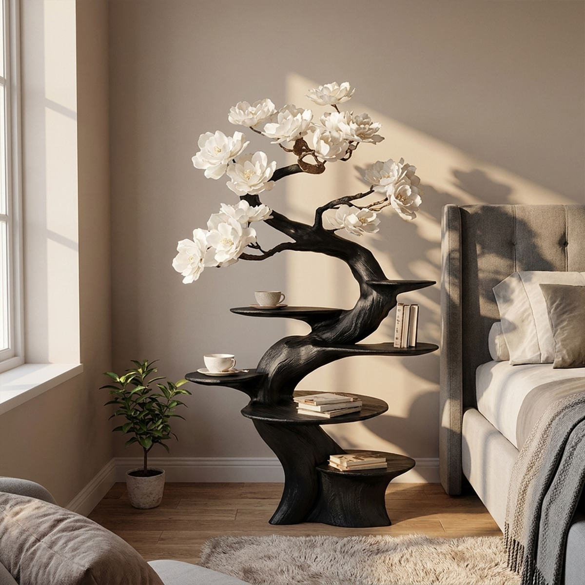 Organic Modern Sculptural Floor Display Shelf, solid wood, built to order
