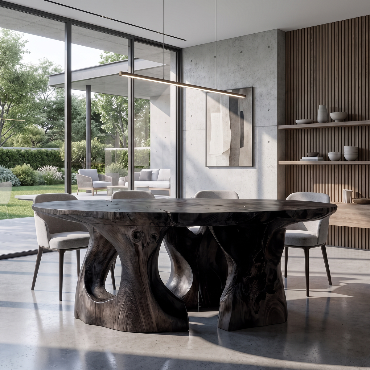 Contemporary Round Dining Table with Abstract Cutout Design, solid wood, built to order, Black finish