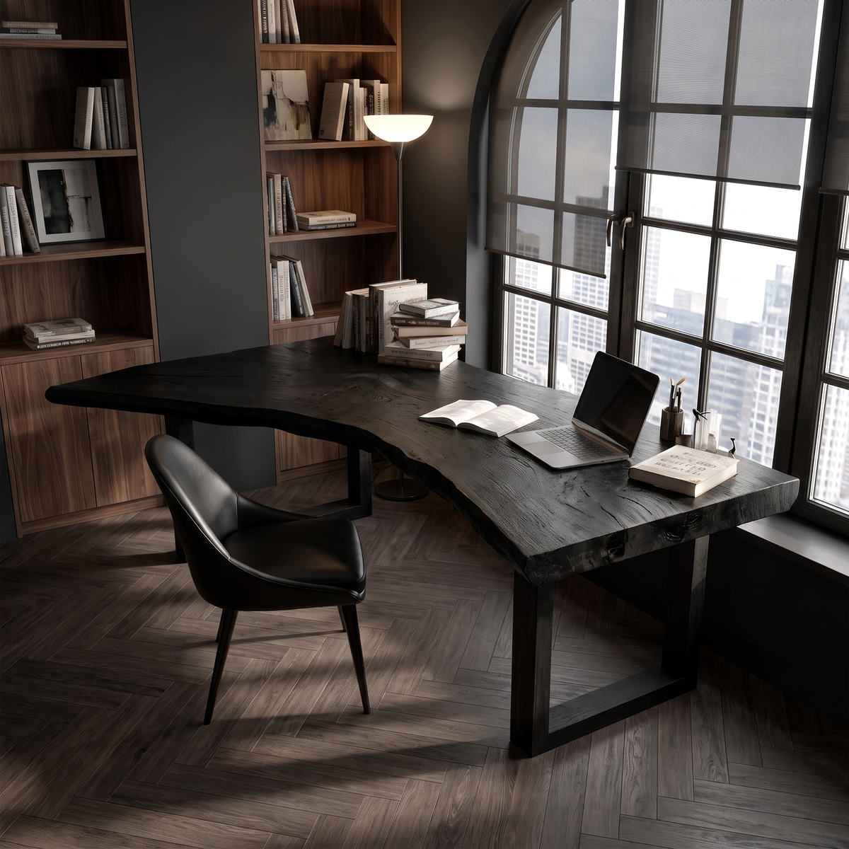 Live Edge Office Desk with Slab Top, solid wood, built to order, Black finish