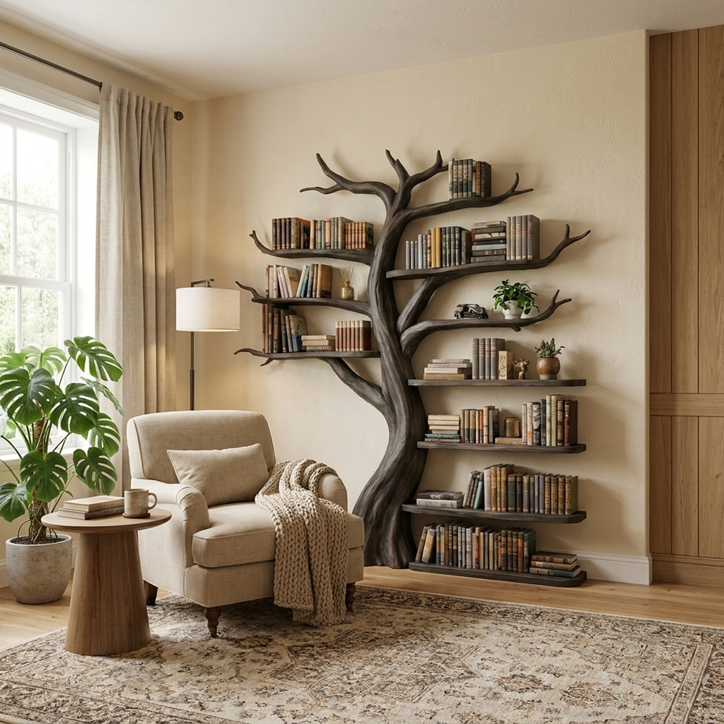 Organic Tree Bookshelf Living Room Interior Sculptural Wall Display, solid wood, built to order, Black finish
