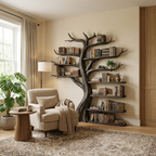 Organic Tree Bookshelf Living Room Interior Sculptural Wall Display, solid wood, built to order, Black finish