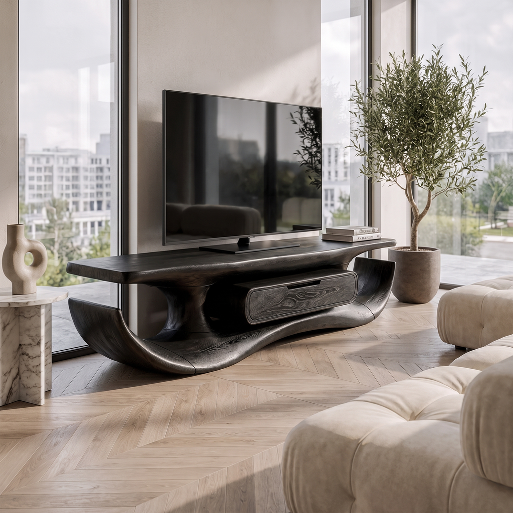Organic Sculptural TV Cabinet, solid wood, built to order, Black finish