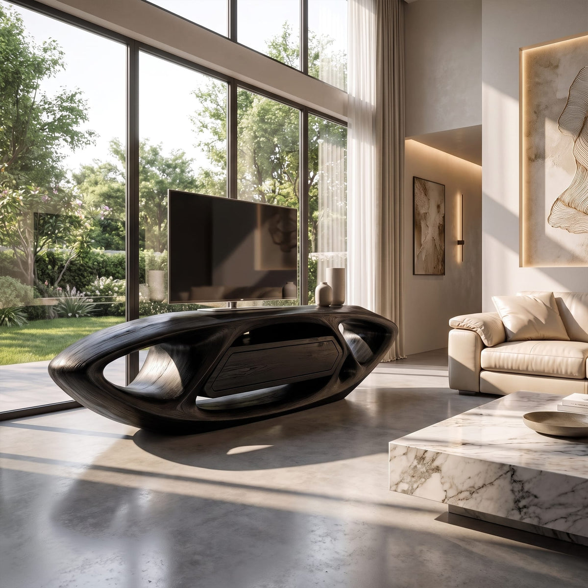 Contemporary TV Cabinet with Sculptural Oval Frame and Open Storage, solid wood, built to order