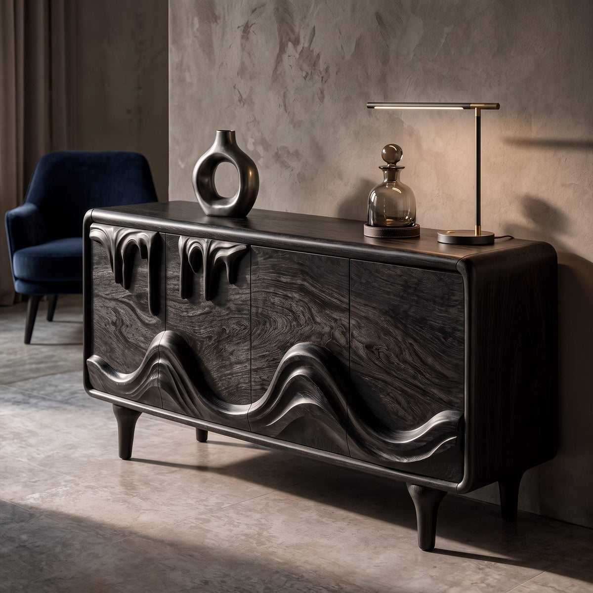 Mid Century Sideboard with Intricately Carved Front Design, solid wood, built to order