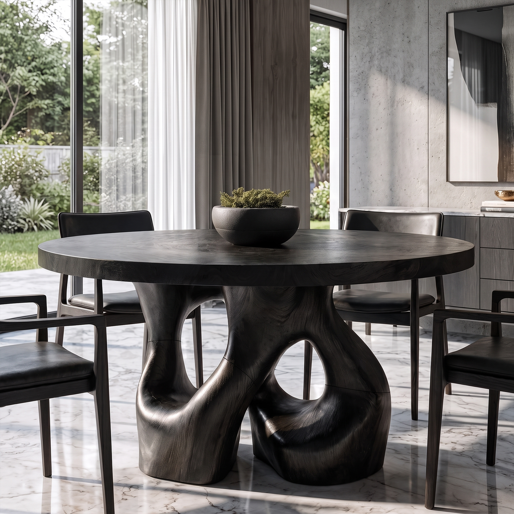 Organic Round Dining Table with Interwoven Branch Design, solid wood, built to order, Black finish