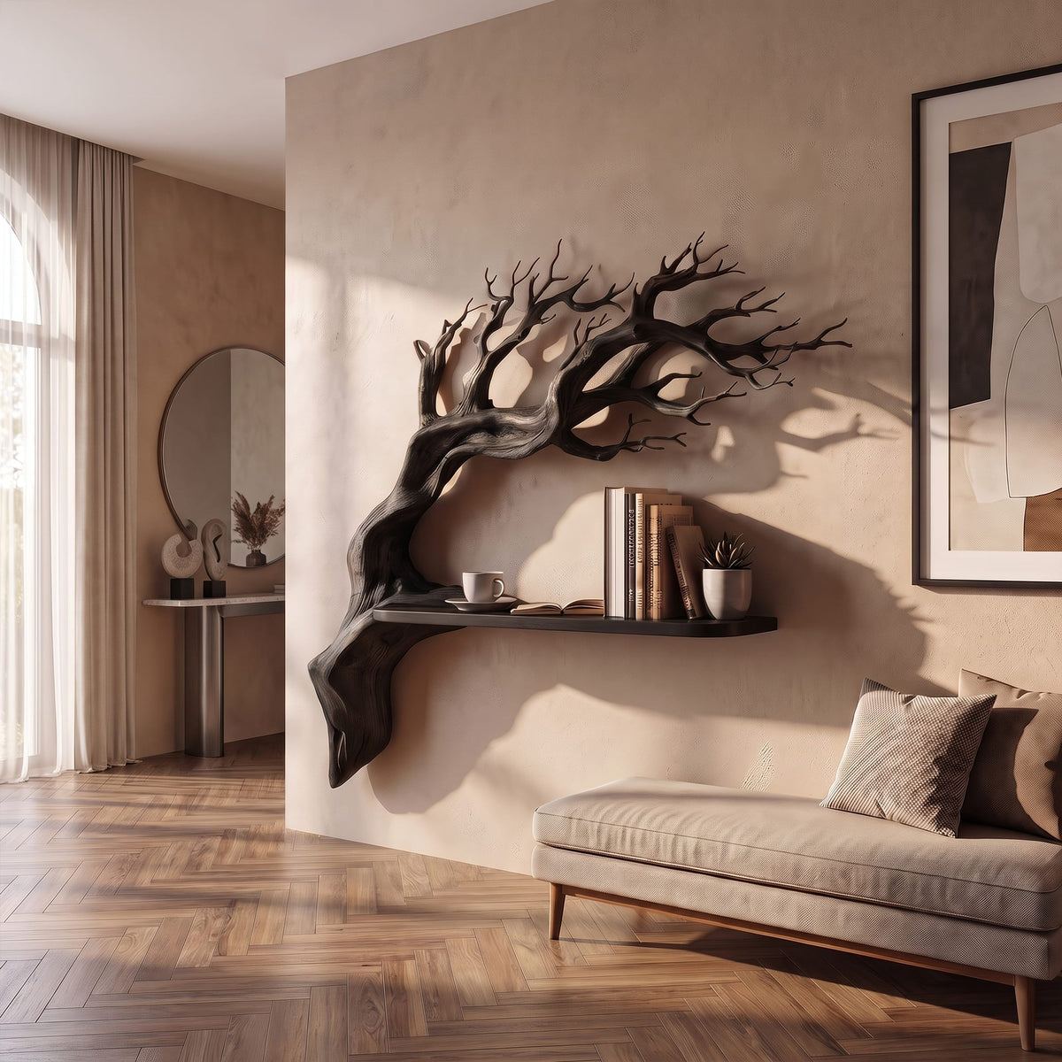 Rustic Branch Floating Shelf Bedroom Wall Decor, solid wood, built to order